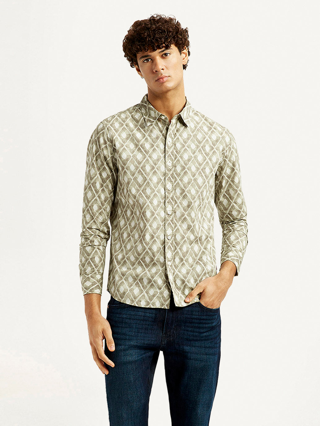 Men's Geometric Beige Slim Fit Shirt - Front View