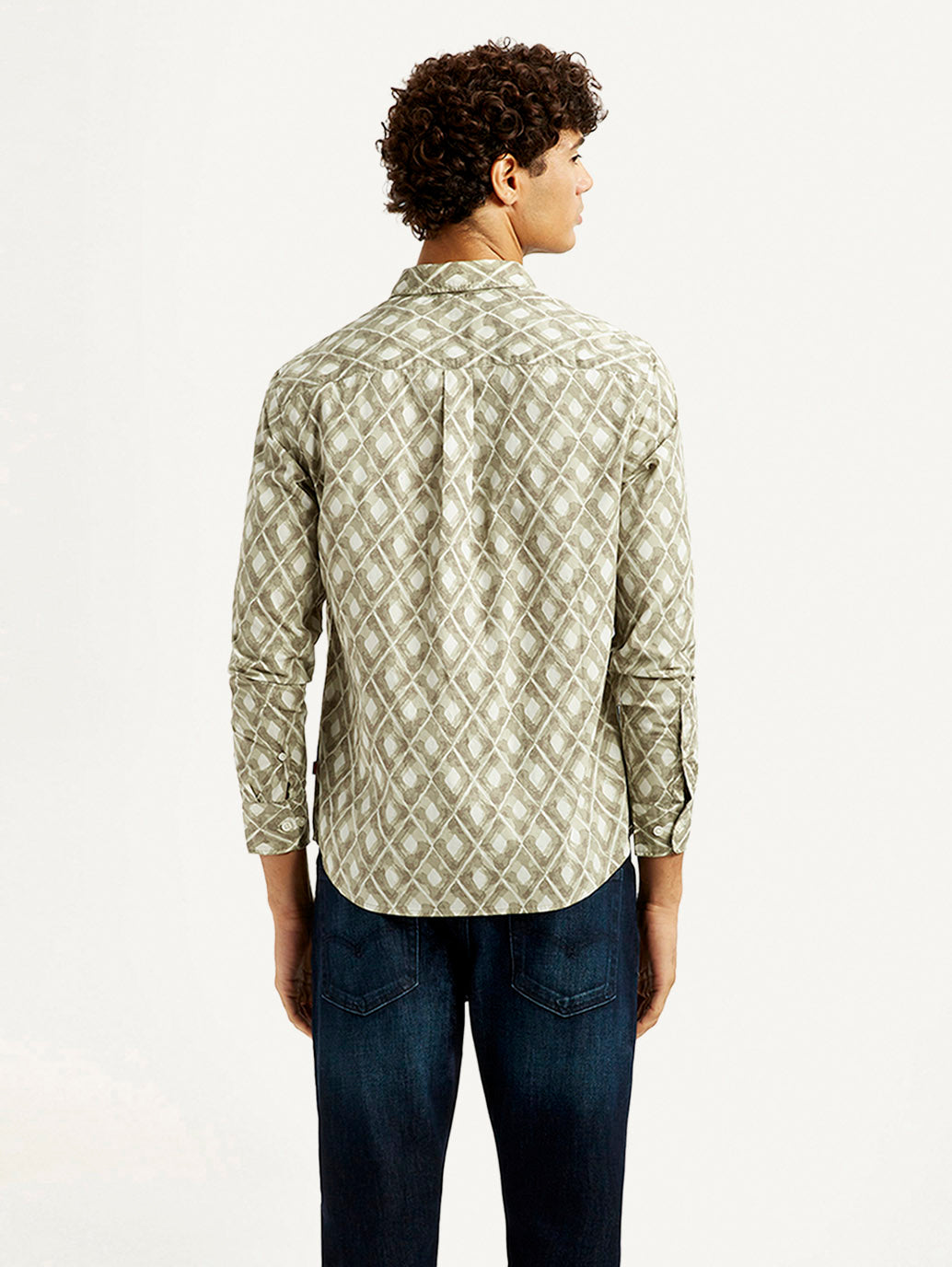 Men's Geometric Beige Slim Fit Shirt - Back View