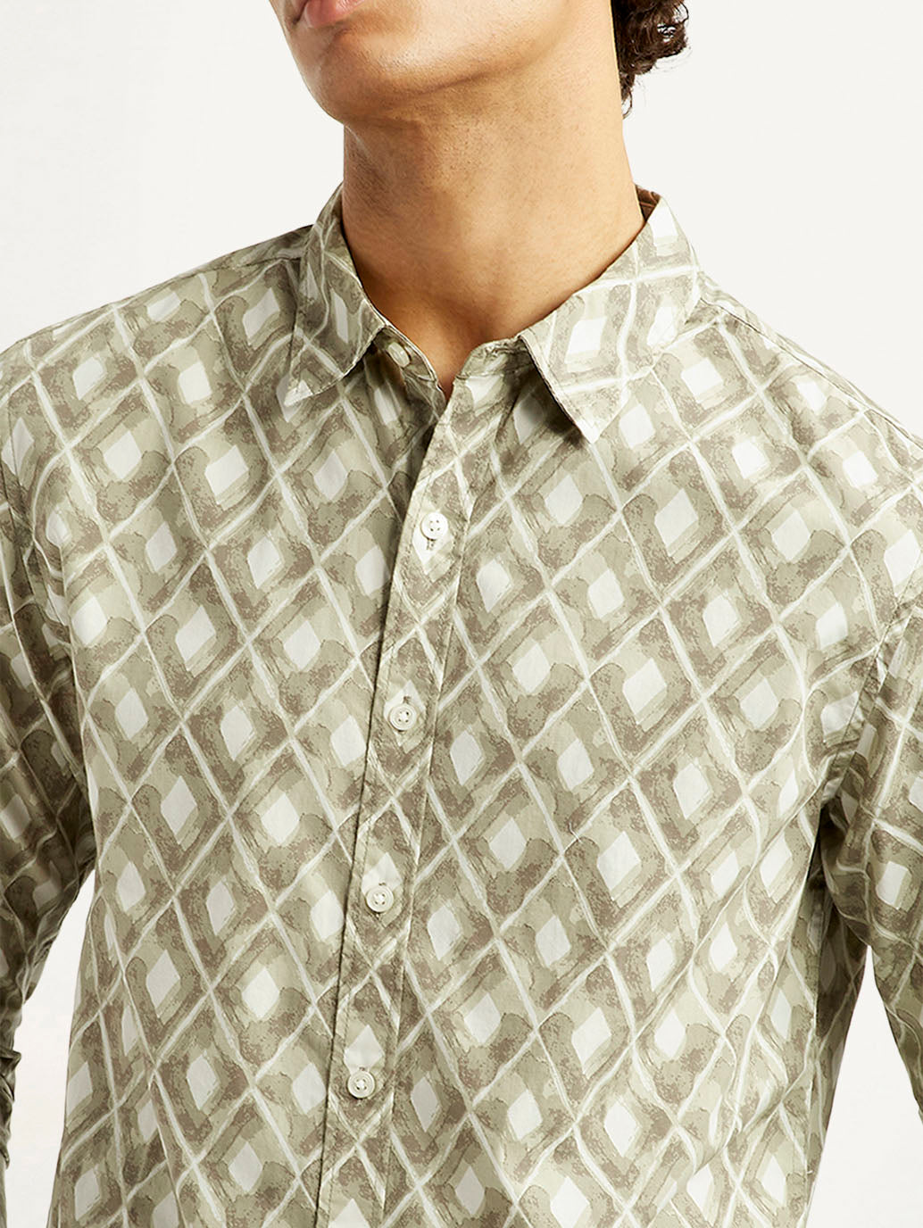 Men's Geometric Beige Slim Fit Shirt - Detail View