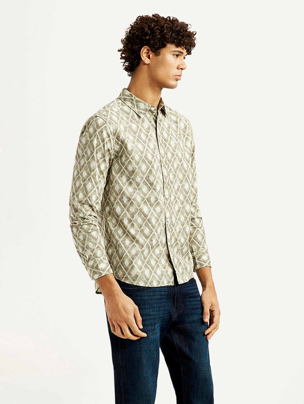 Men's Geometric Beige Slim Fit Shirt - Side View