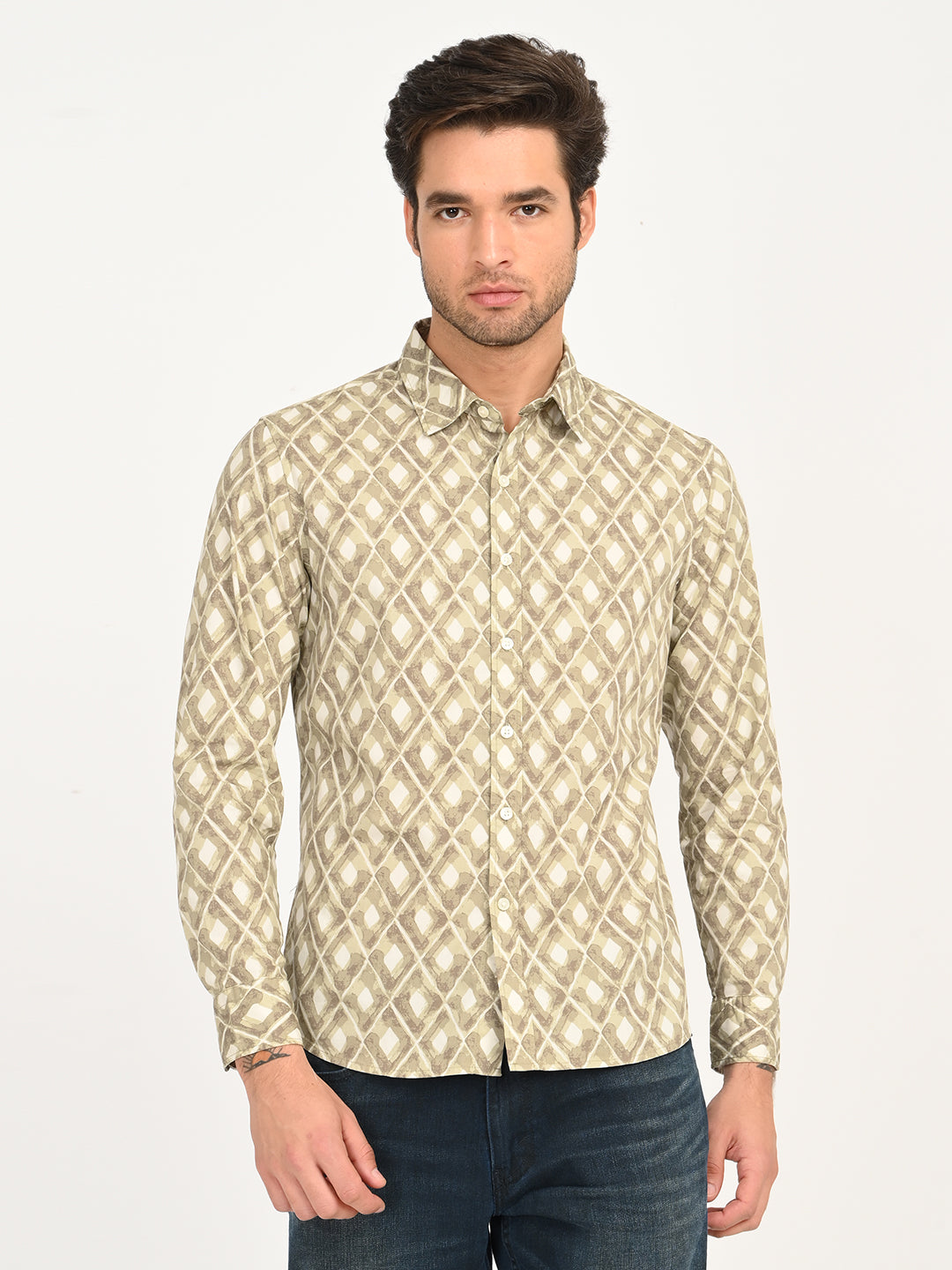 Men's Geometric Beige Slim Fit Shirt - frount View