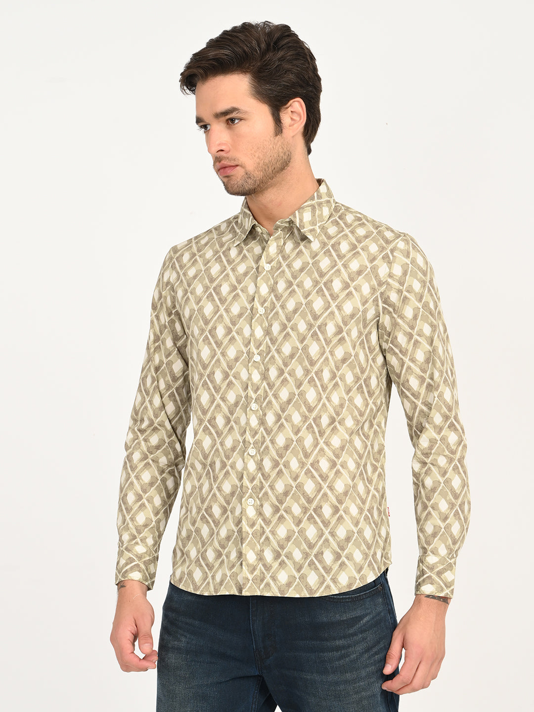Men's Geometric Beige Slim Fit Shirt - side View