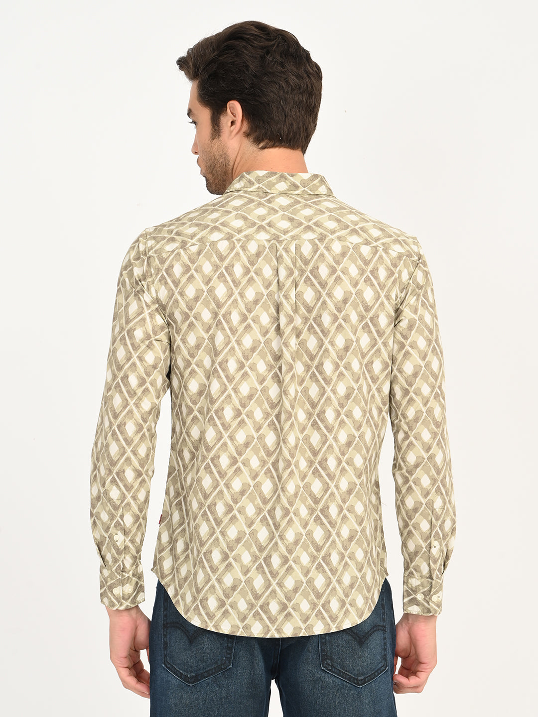Men's Geometric Beige Slim Fit Shirt - back View