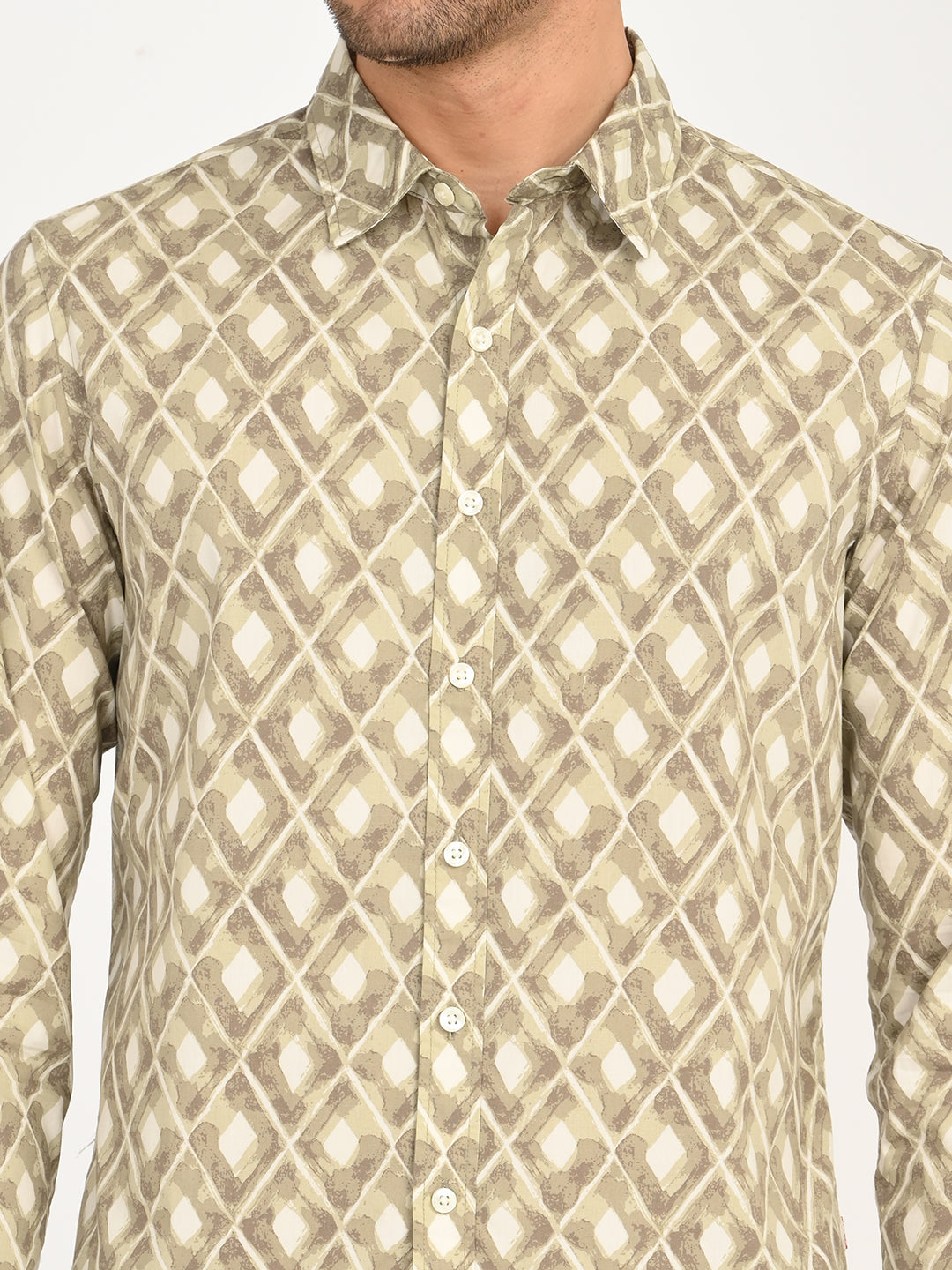 Men's Geometric Beige Slim Fit Shirt - deatil View