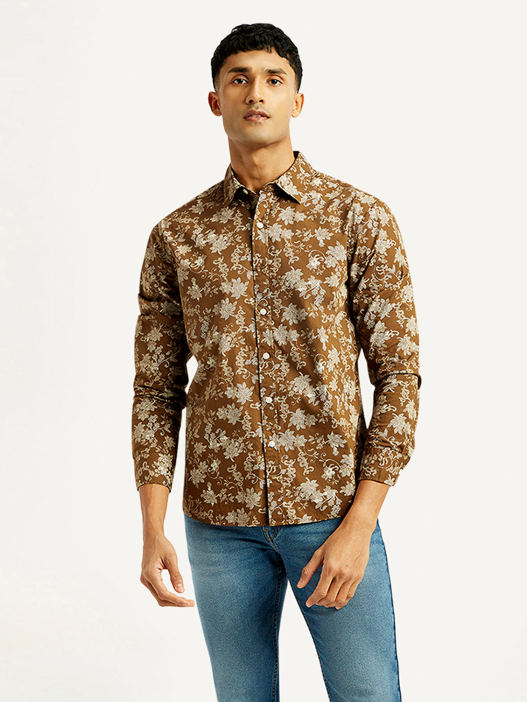 Men's Floral Print Slim Fit Shirt - Front View