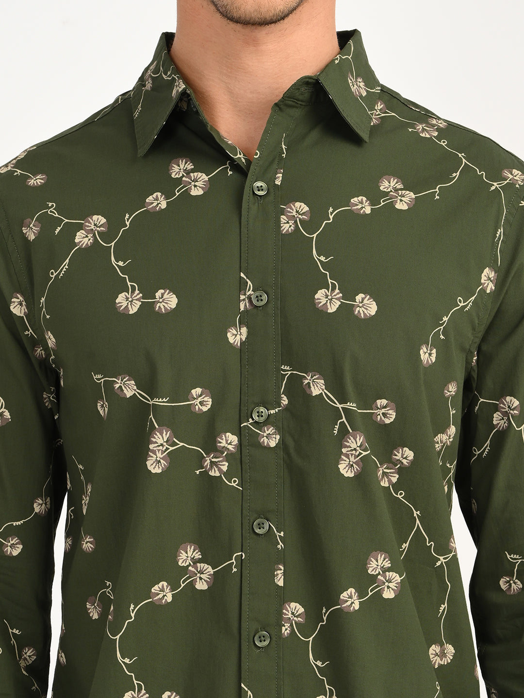 Men's Floral Green Slim Fit Shirt - deatil View