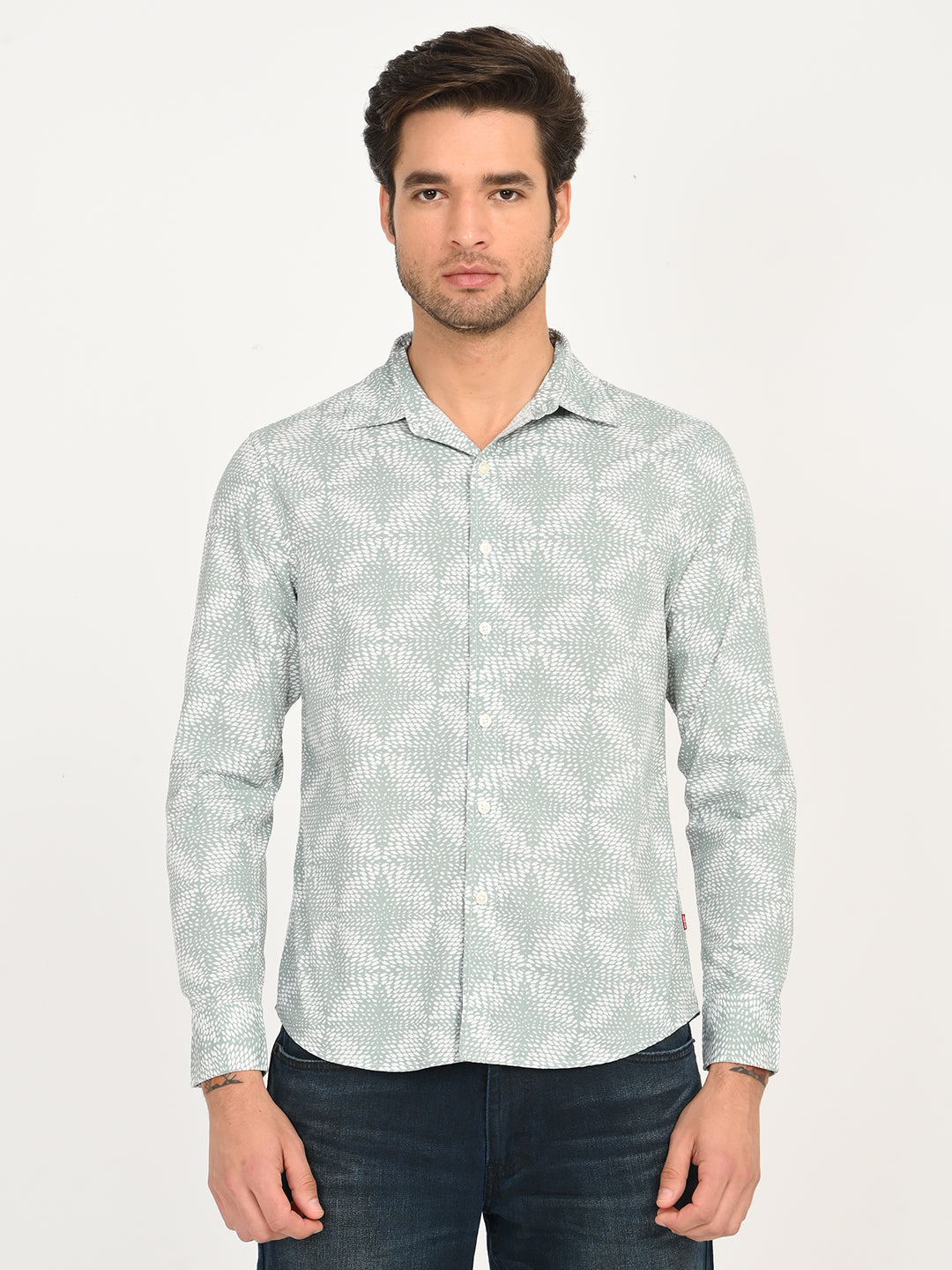 Men's Abstract Light Green Slim Fit Shirt
