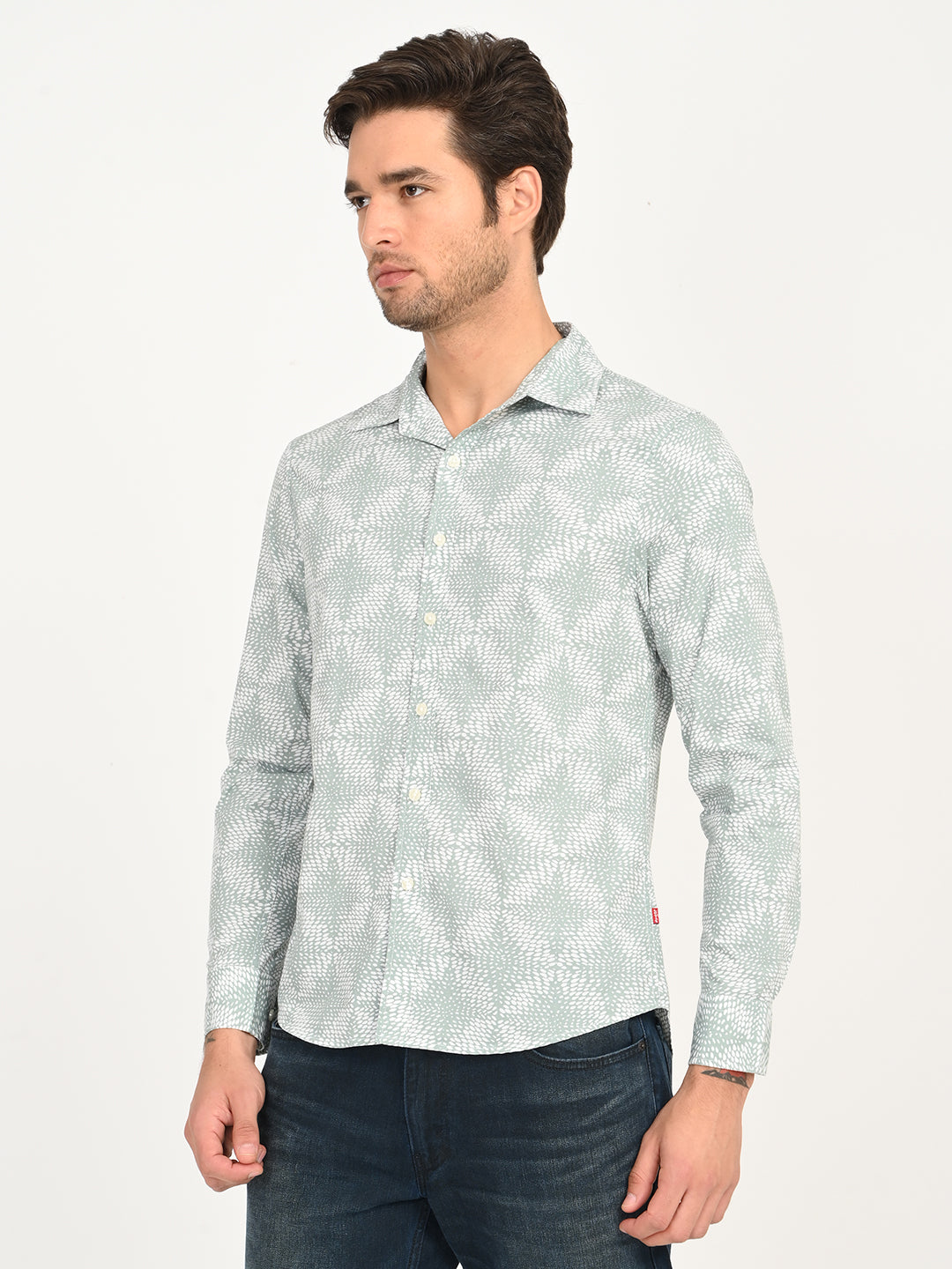 Men's Abstract Light Green Slim Fit Shirt - side View