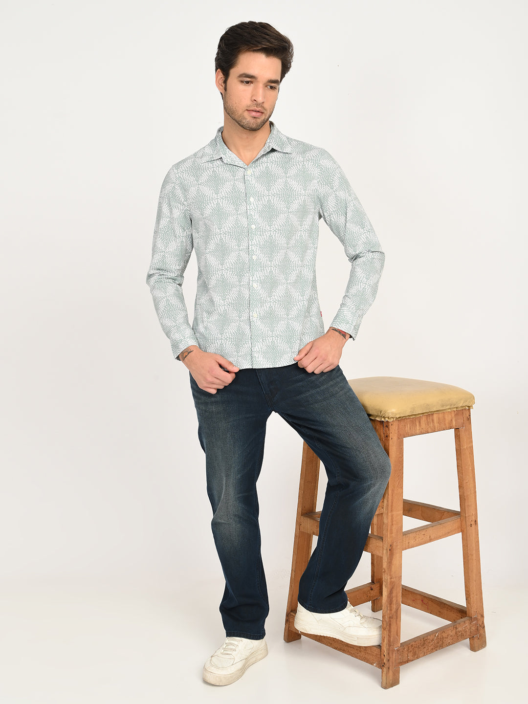Men's Abstract Light Green Slim Fit Shirt - 6 View