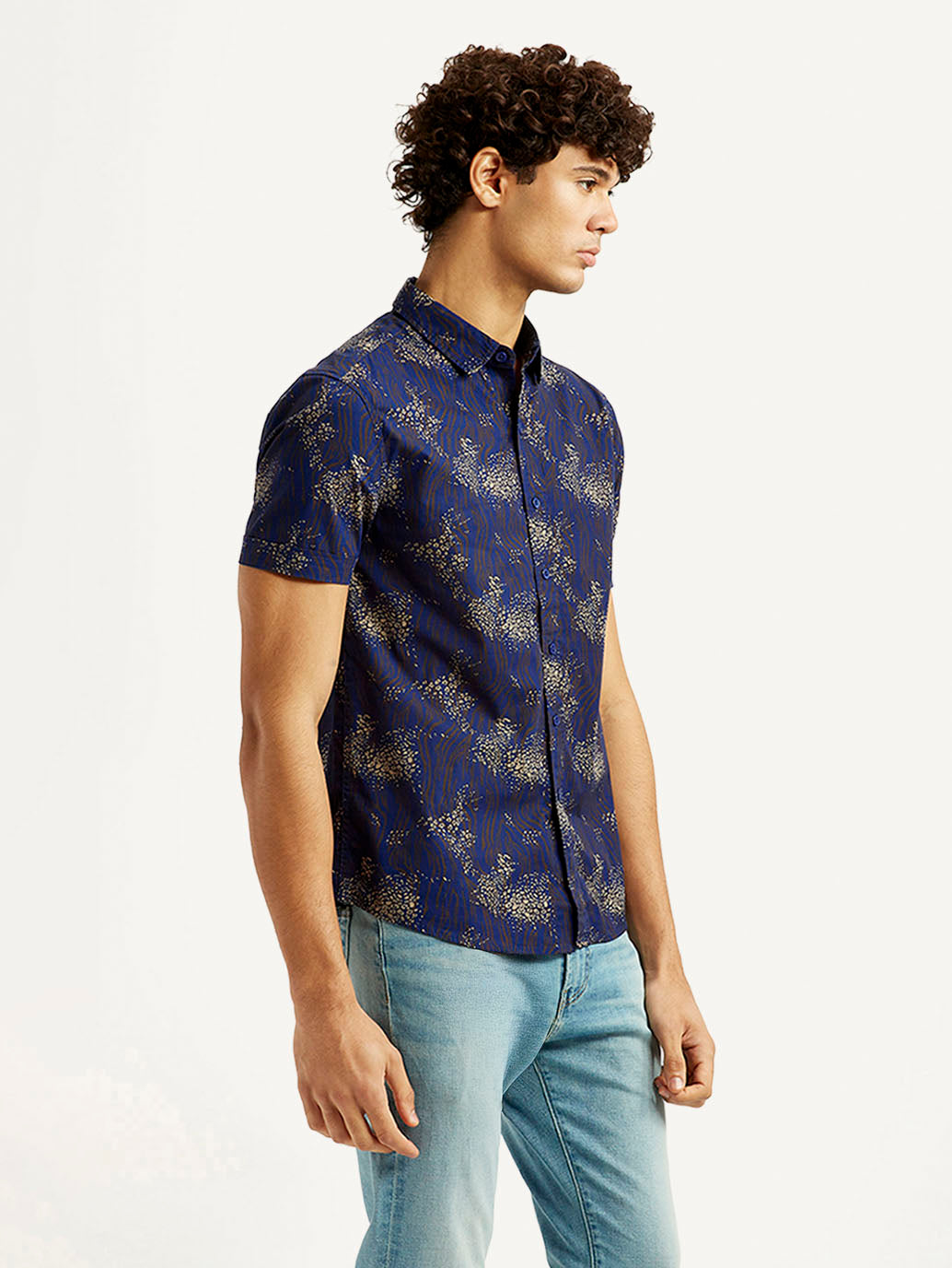 Men's Abstract Dark Blue Slim Fit Shirt - Side View