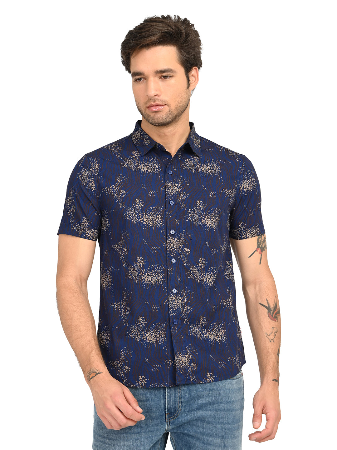 Men's Abstract Dark Blue Slim Fit Shirt - frount View