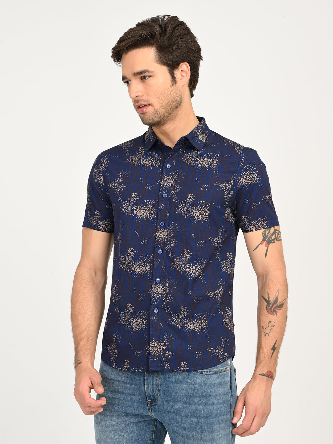 Men's Abstract Dark Blue Slim Fit Shirt - side View