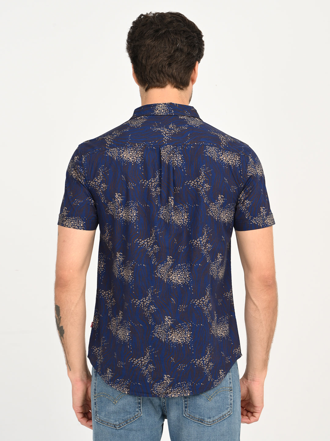 Men's Abstract Dark Blue Slim Fit Shirt - back View