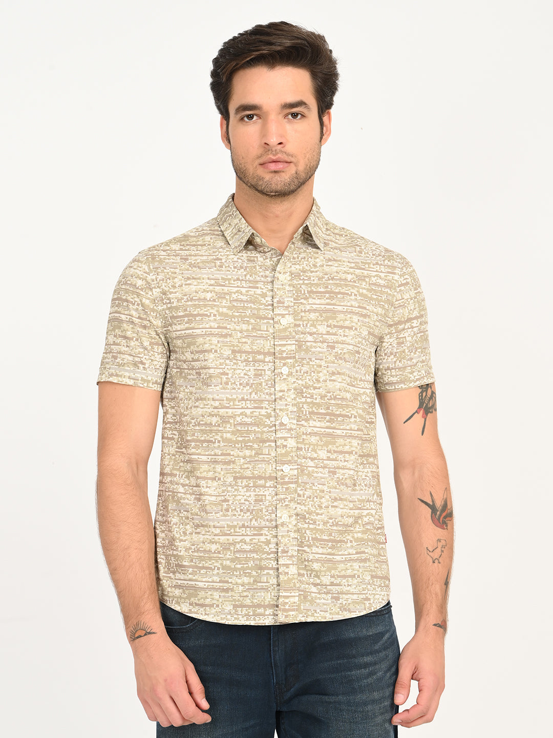 Men's Abstract Beige Slim Fit Shirt