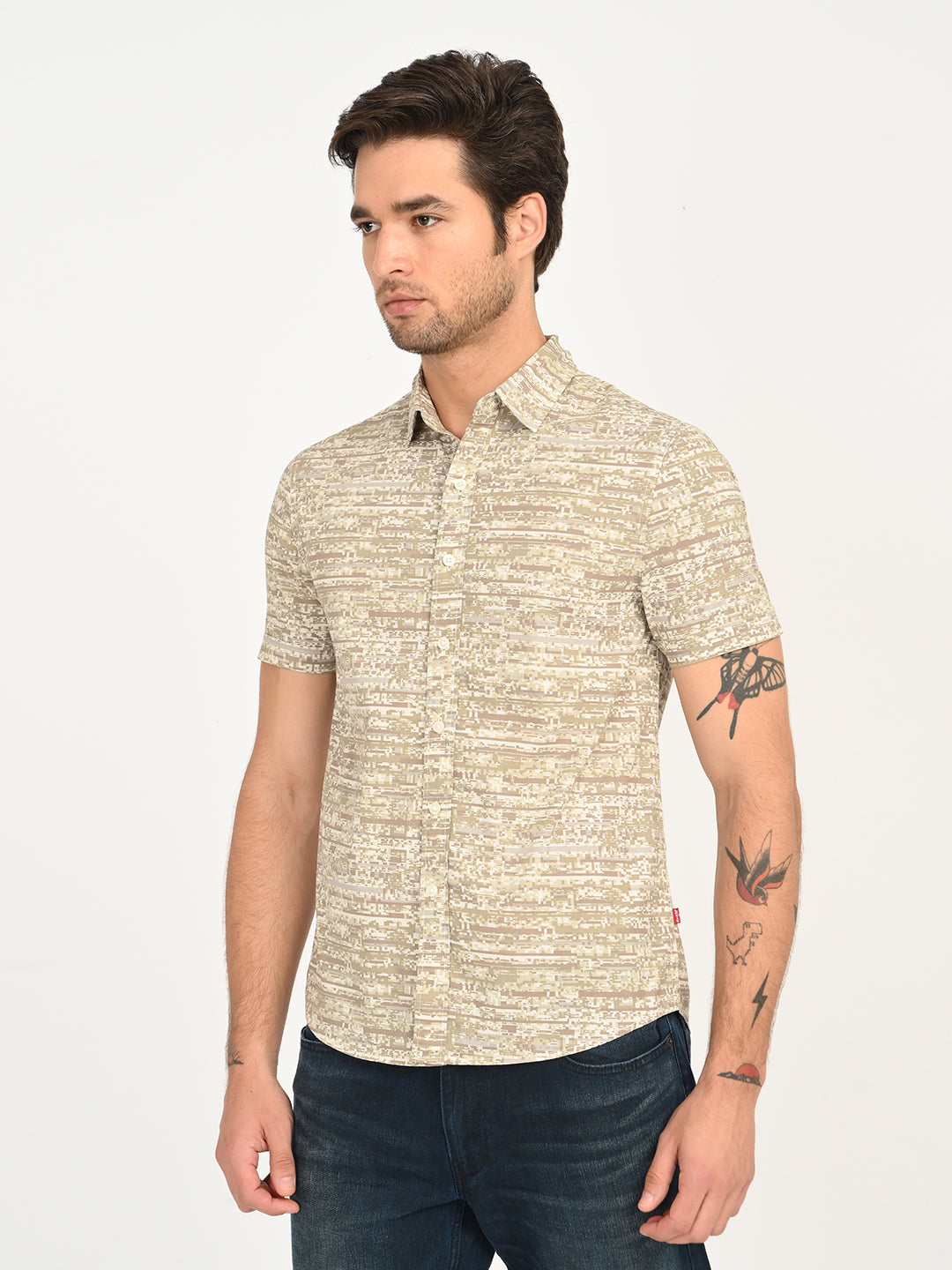Men's Abstract Beige Slim Fit Shirt - side View