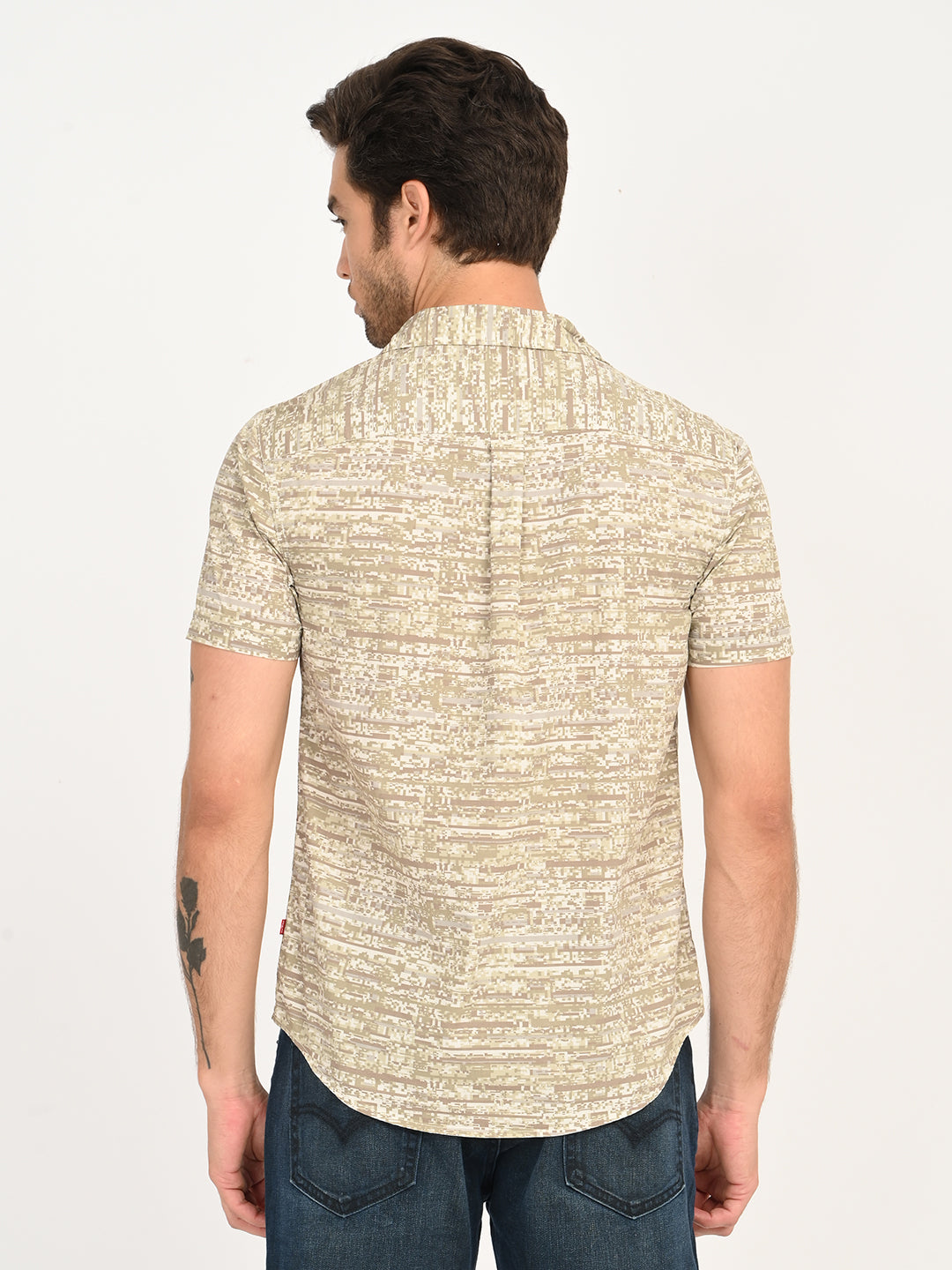 Men's Abstract Beige Slim Fit Shirt - back View