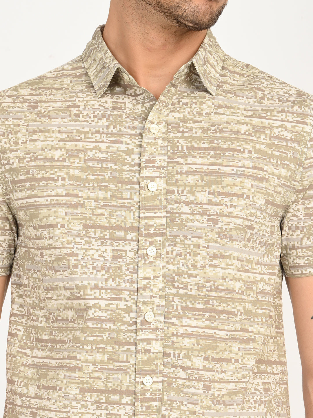Men's Abstract Beige Slim Fit Shirt - deatil View