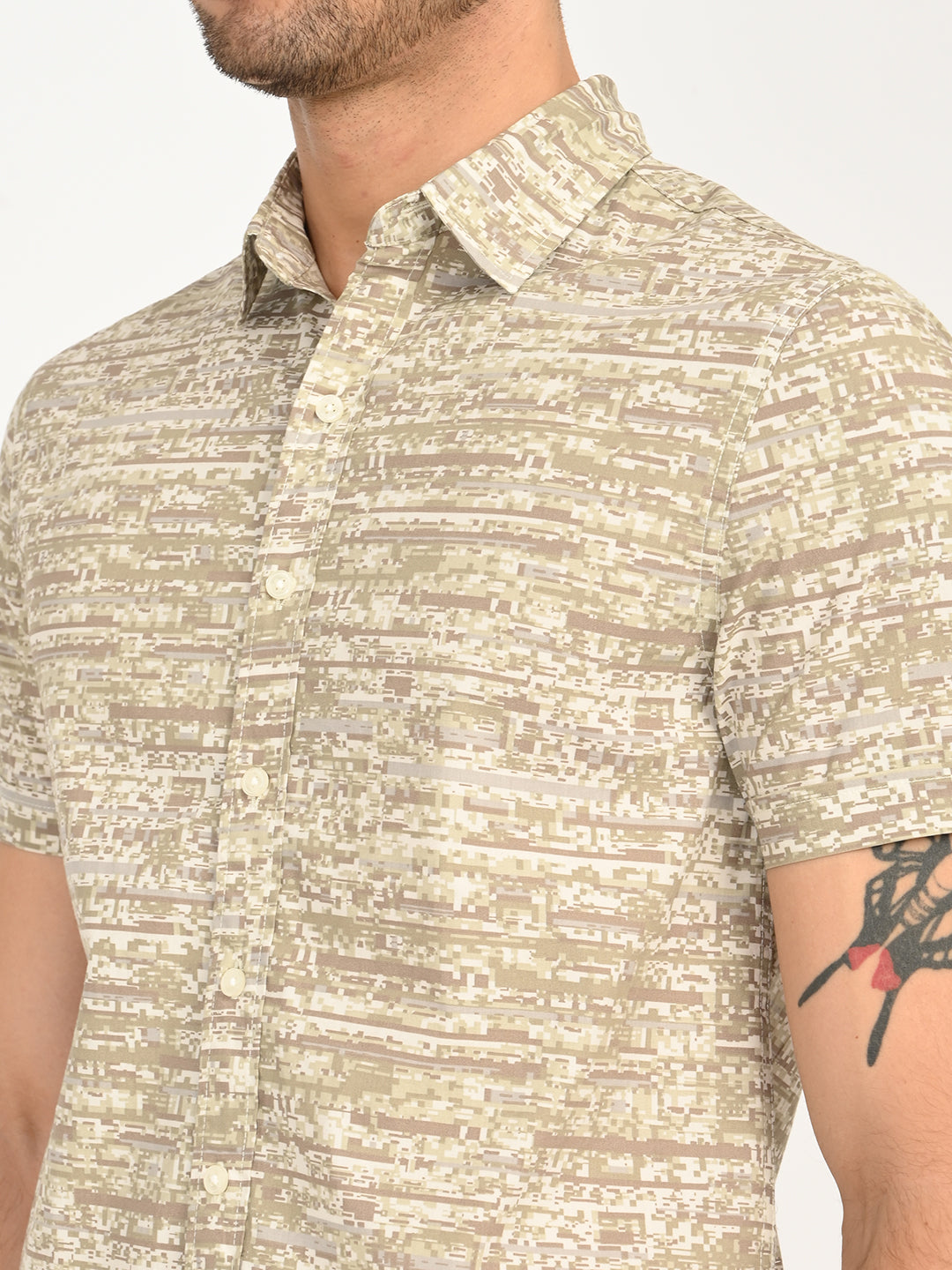 Men's Abstract Beige Slim Fit Shirt - deatil View