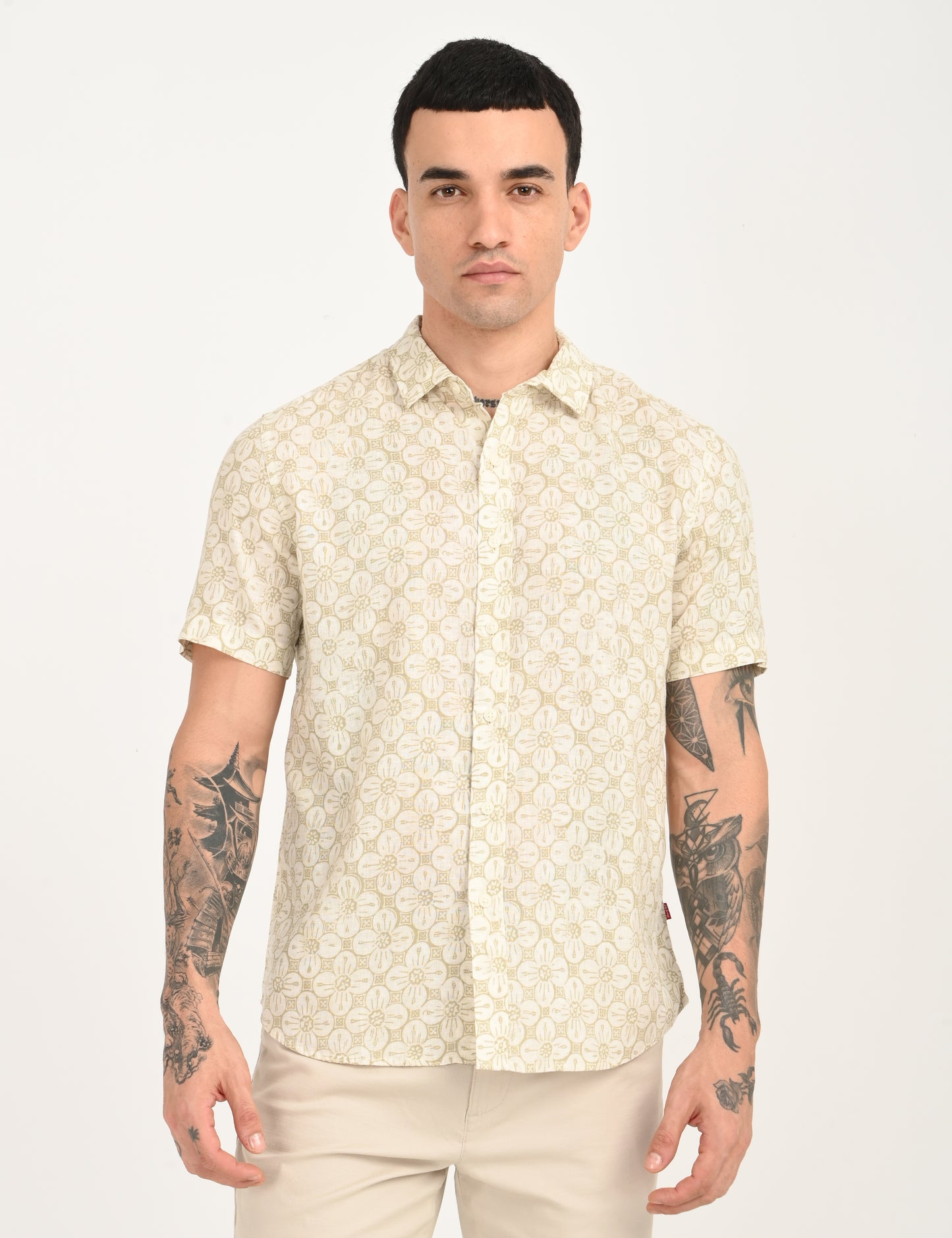 Men's Floral Beige Slim Fit Shirt - frount View