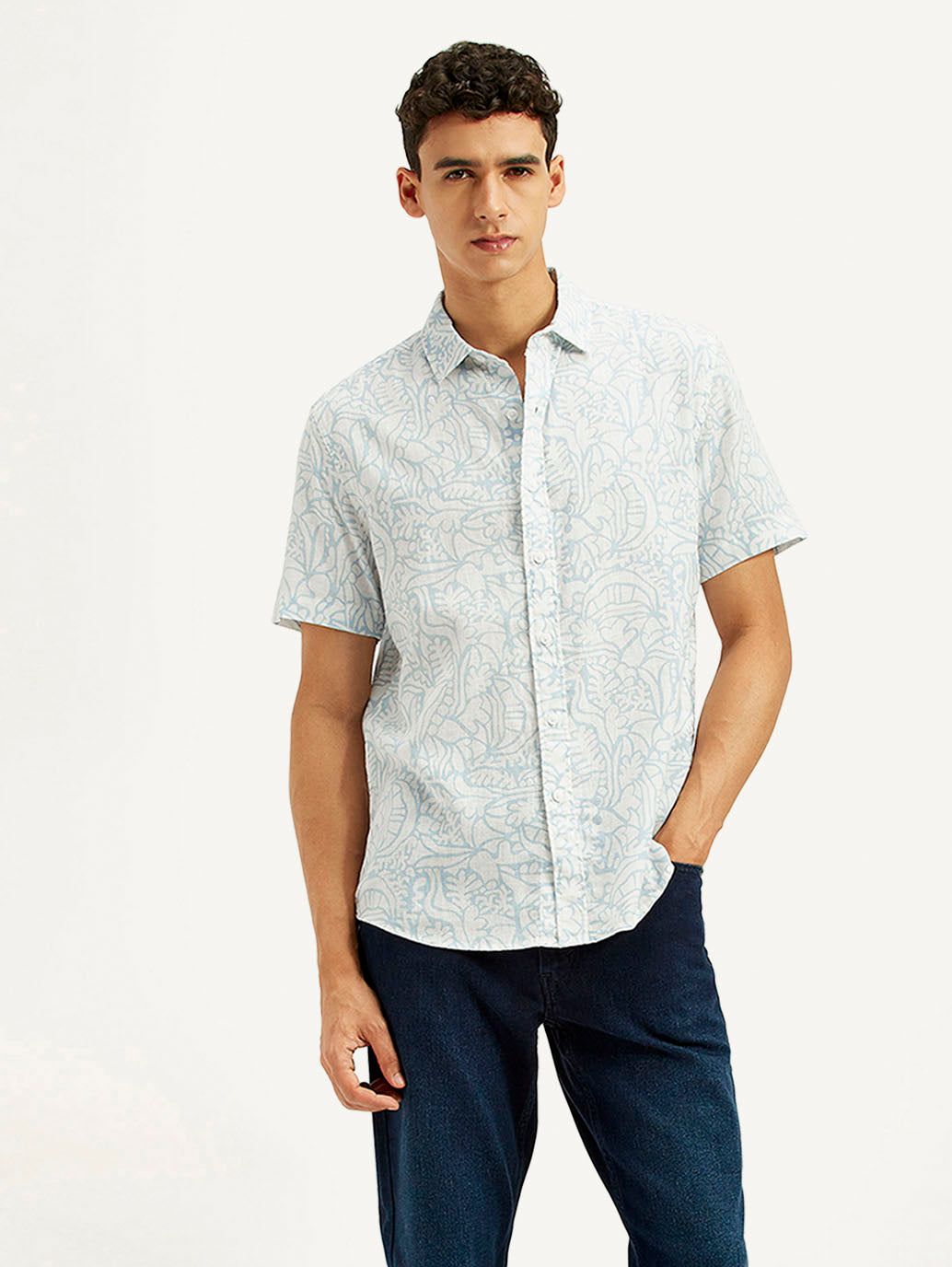 Men's Printed Slim Fit Linen Shirt - Styleshot View