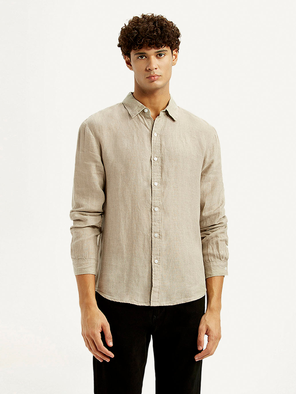 Men's Solid Beige Slim Fit Shirt - Front View