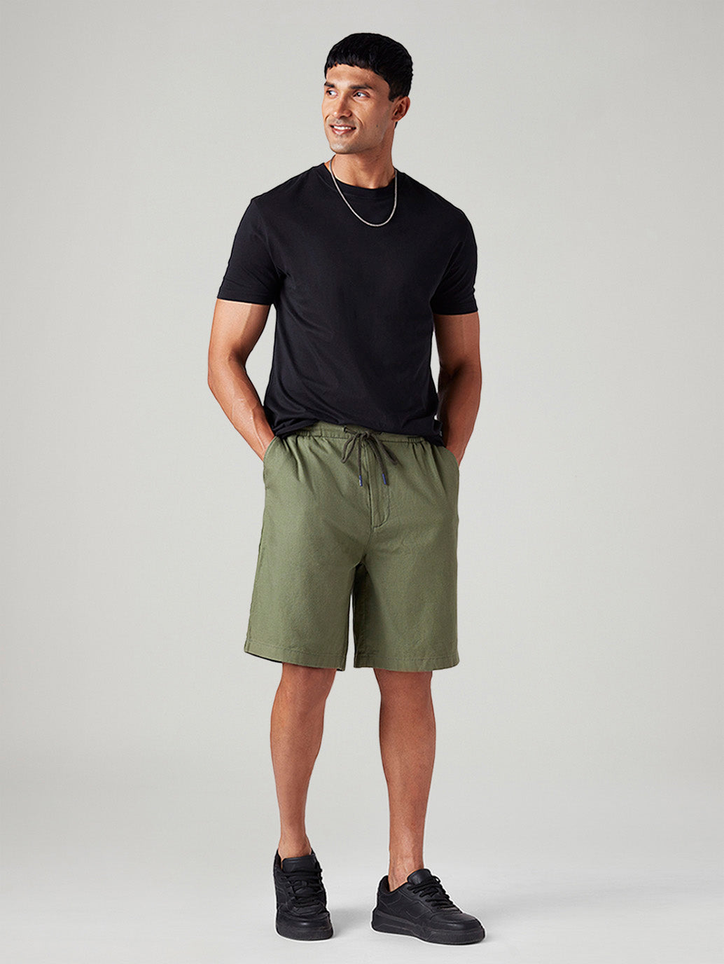 Men's Olive Baggy Fit Mid Rise Linen Shorts - Styleshot View