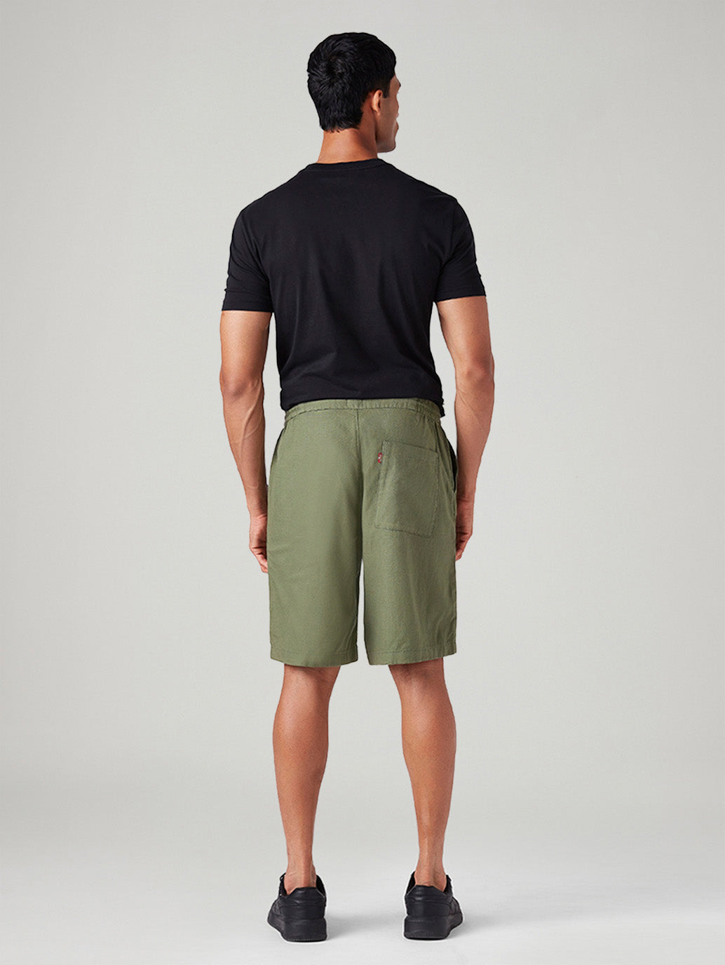 Men's Olive Baggy Fit Mid Rise Linen Shorts - Back View
