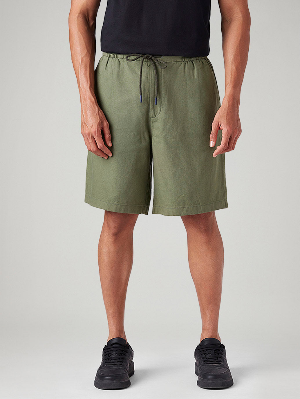 Men's Olive Baggy Fit Mid Rise Linen Shorts - Front View