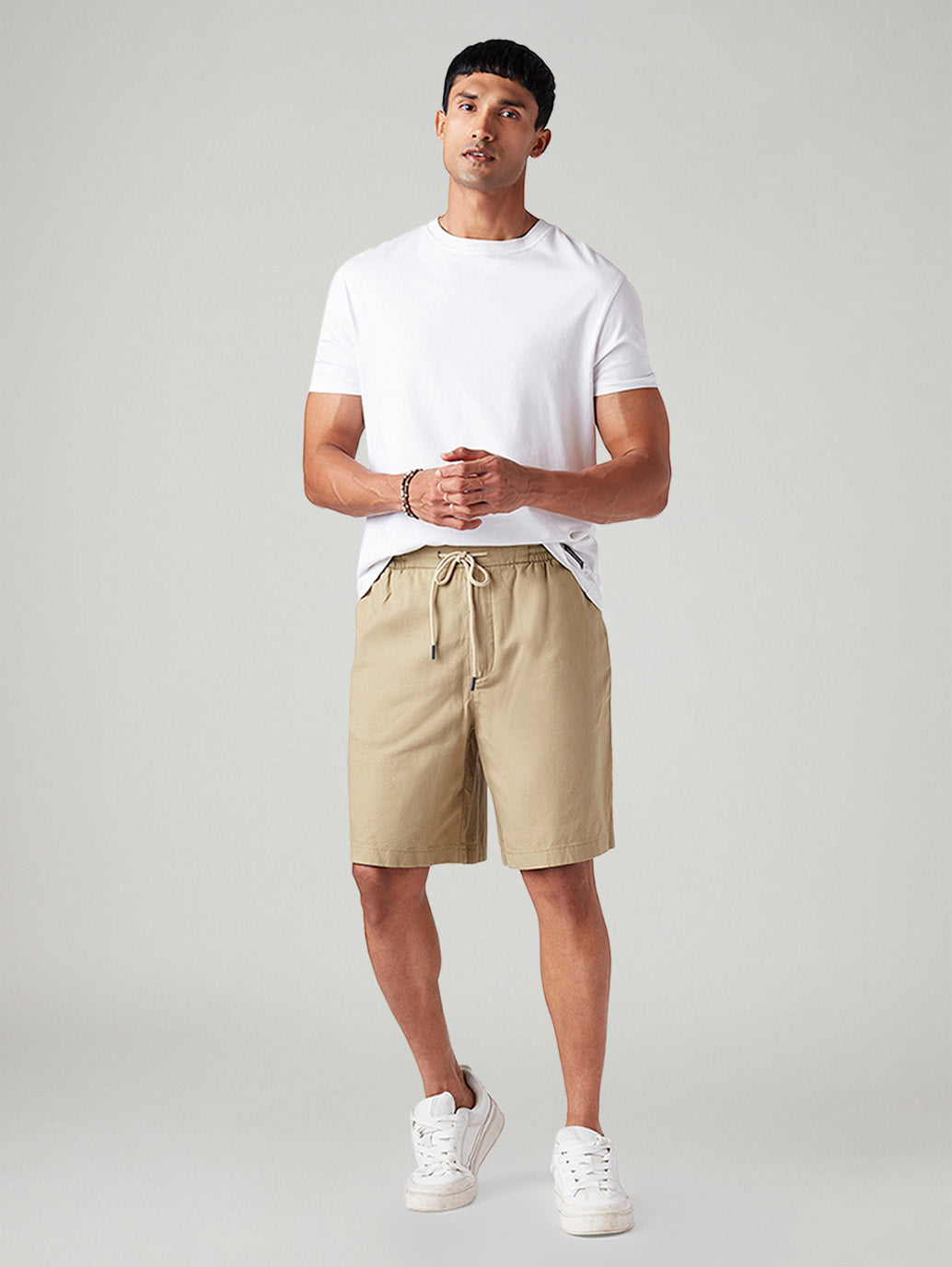 Men's Beige Baggy Fit Mid Rise Linen Shorts