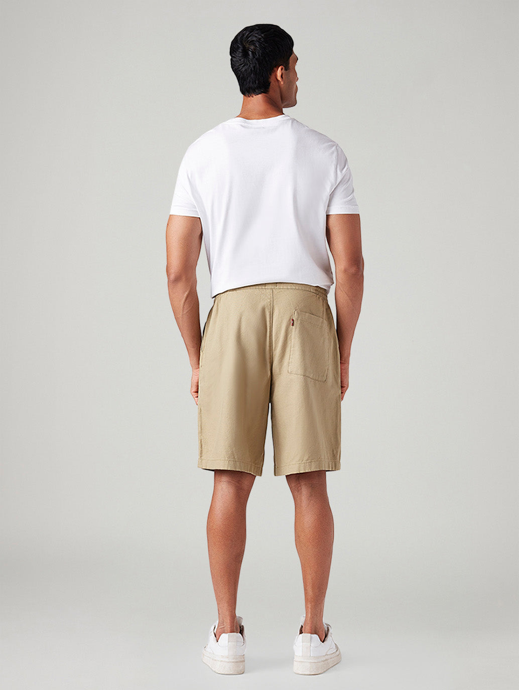 Men's Beige Baggy Fit Mid Rise Linen Shorts - Back View