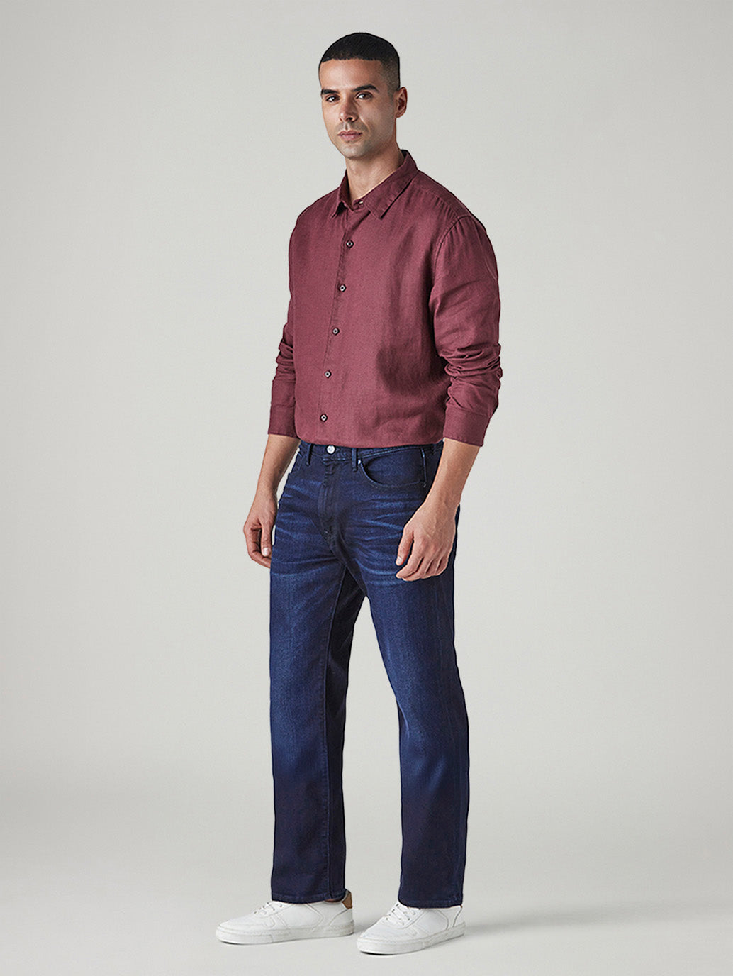 Men's 505 Dark Indigo Straight Fit Mid Rise Redloop Jeans - Side View