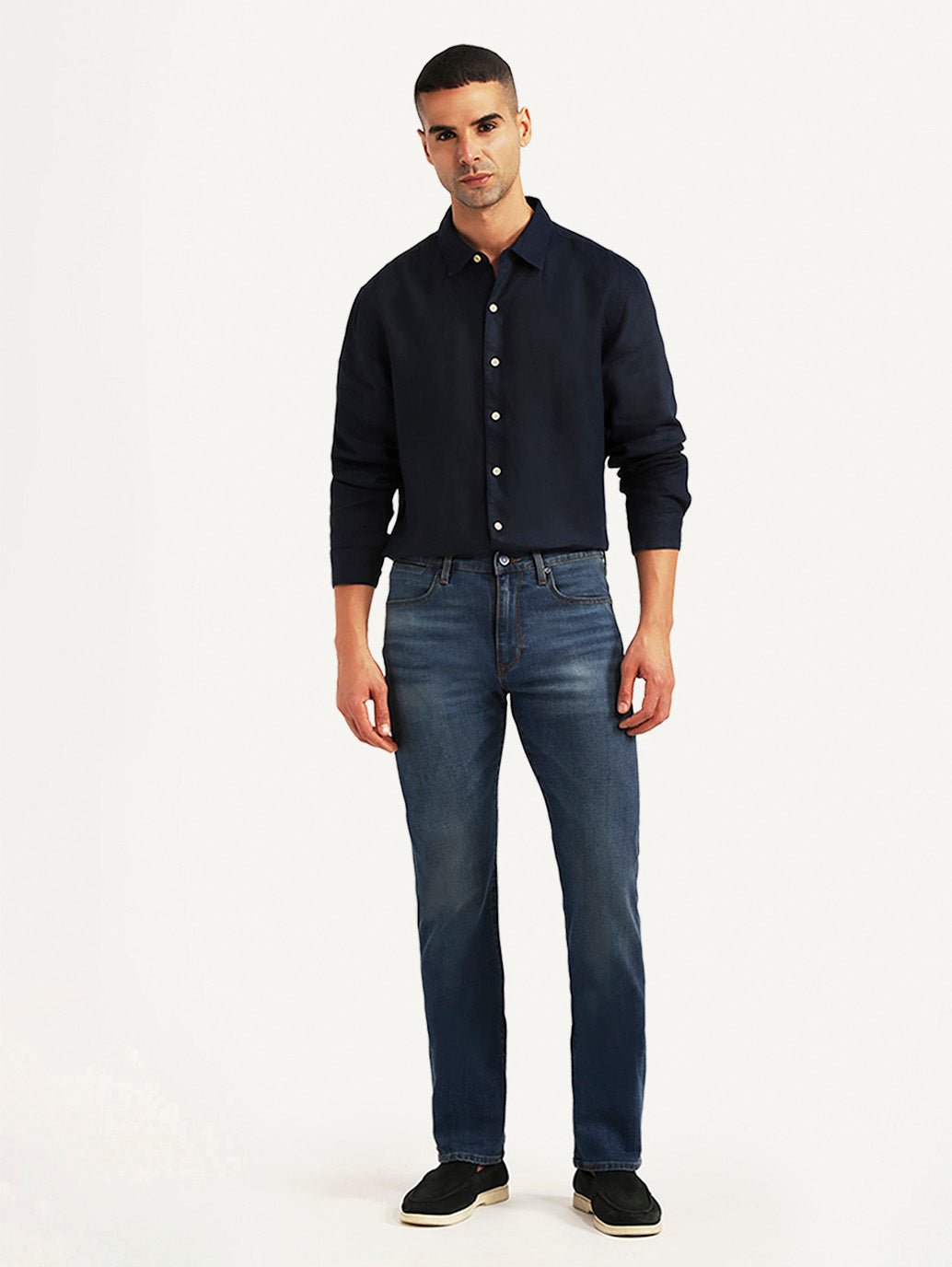 Men's Redloop 513 Dark Blue Slim Straight Fit Mid Rise Jeans - Front View