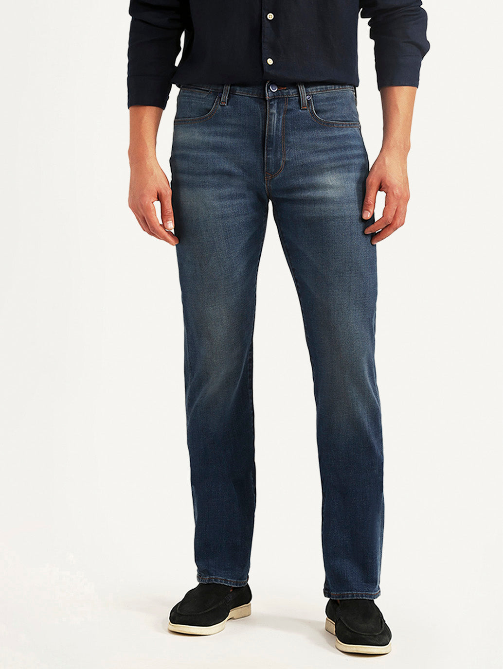 Men's Redloop 513 Dark Blue Slim Straight Fit Mid Rise Jeans - Front View