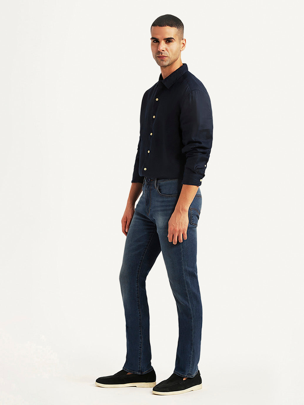 Men's Redloop 513 Dark Blue Slim Straight Fit Mid Rise Jeans - Side View