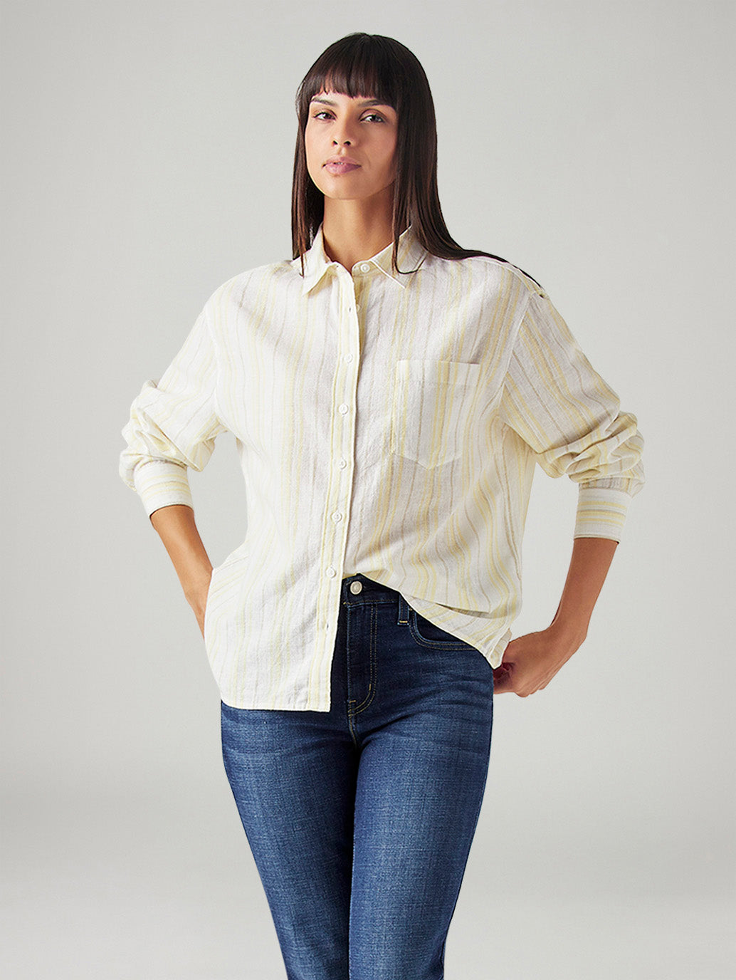 Women's Striped Relaxed Fit Linen Shirt - Styleshot View