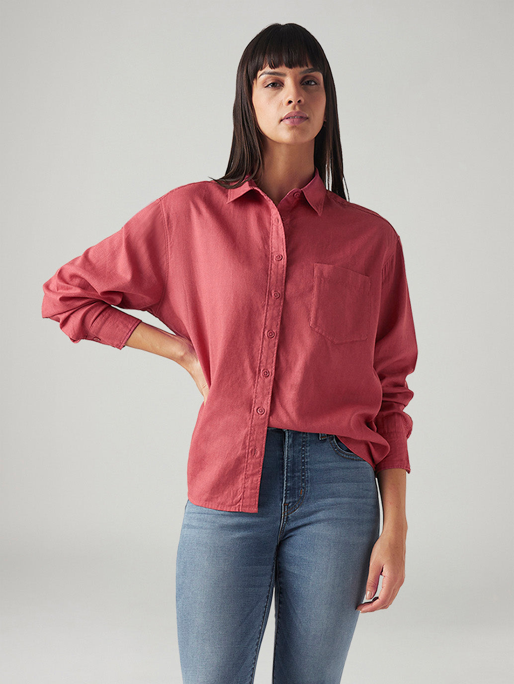 Women's Solid Relaxed Fit Linen Shirt - Styleshot View