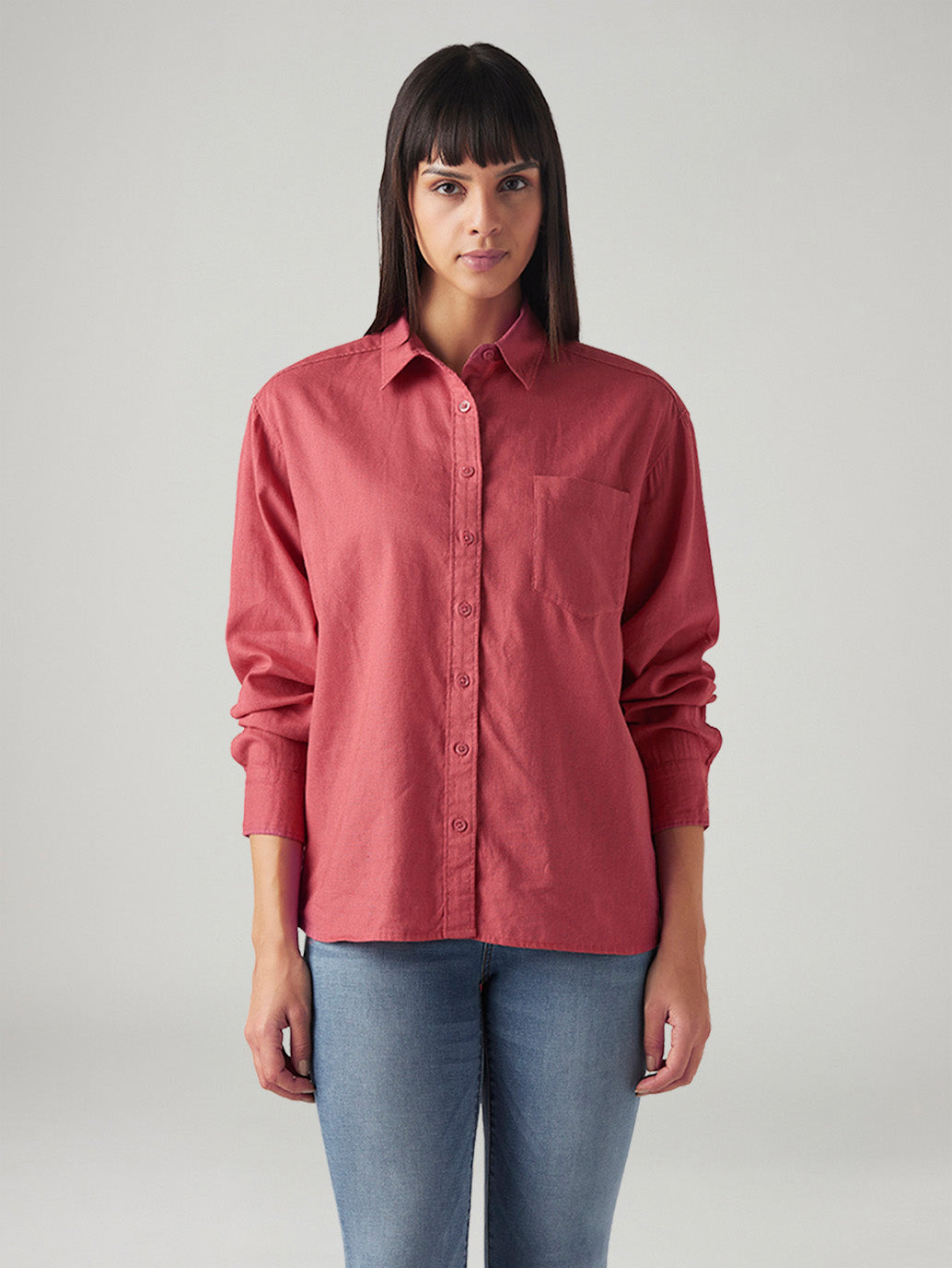 Women's Solid Relaxed Fit Linen Shirt - Front View