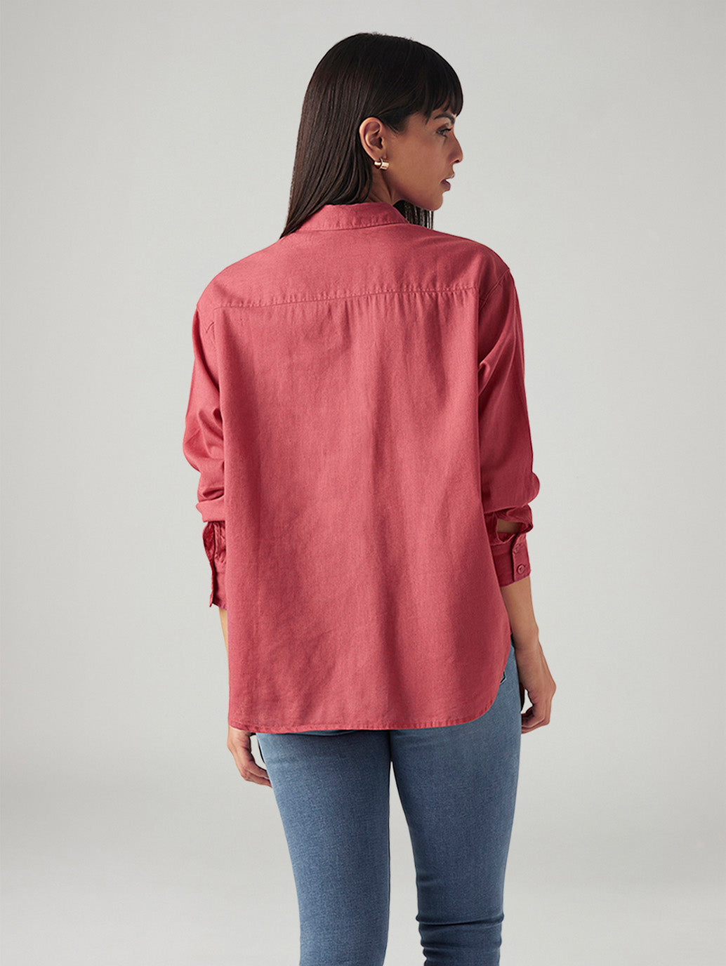 Women's Solid Relaxed Fit Linen Shirt - Back View