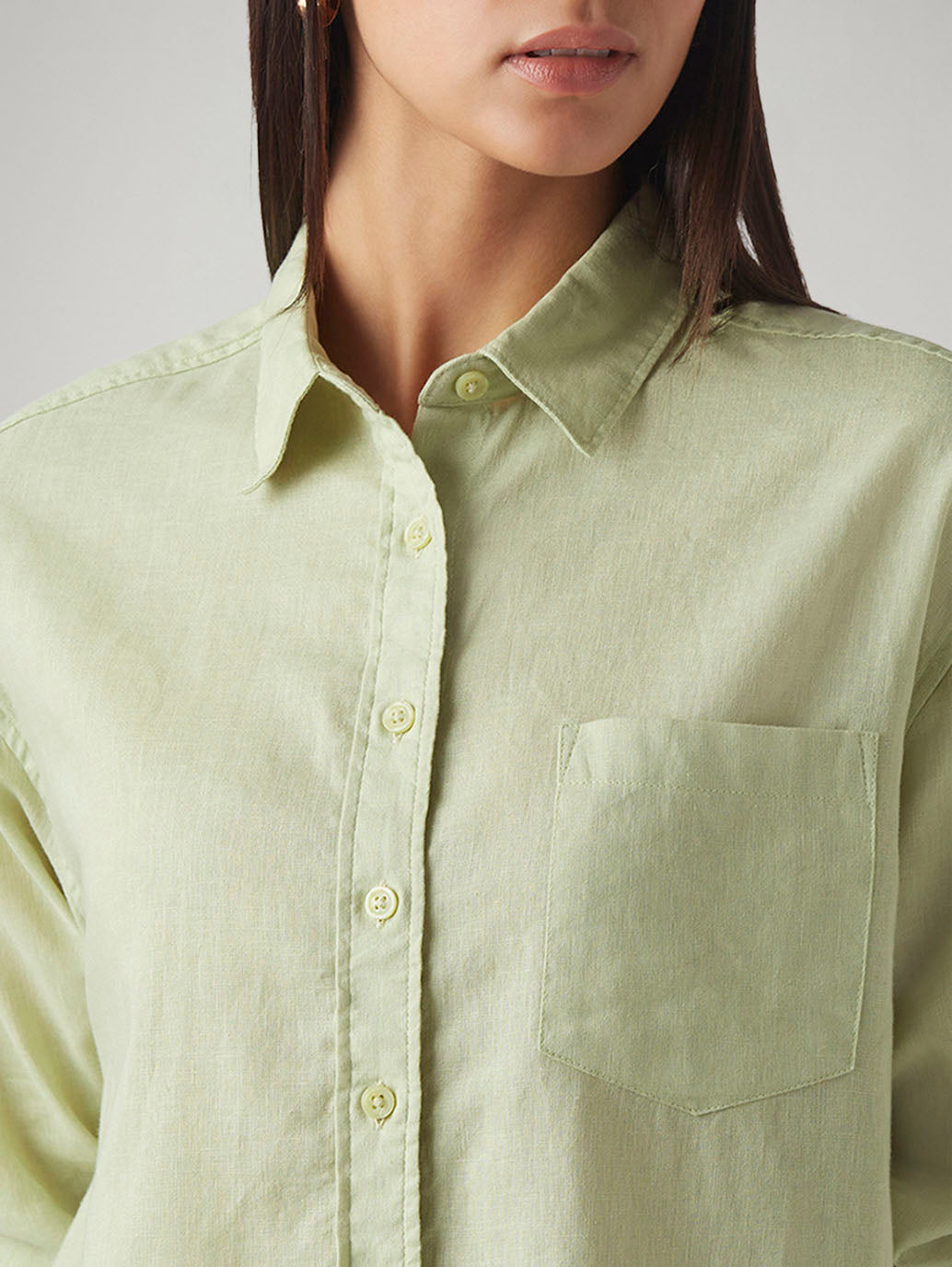 Women's Solid Relaxed Fit Linen Shirt - Detail View