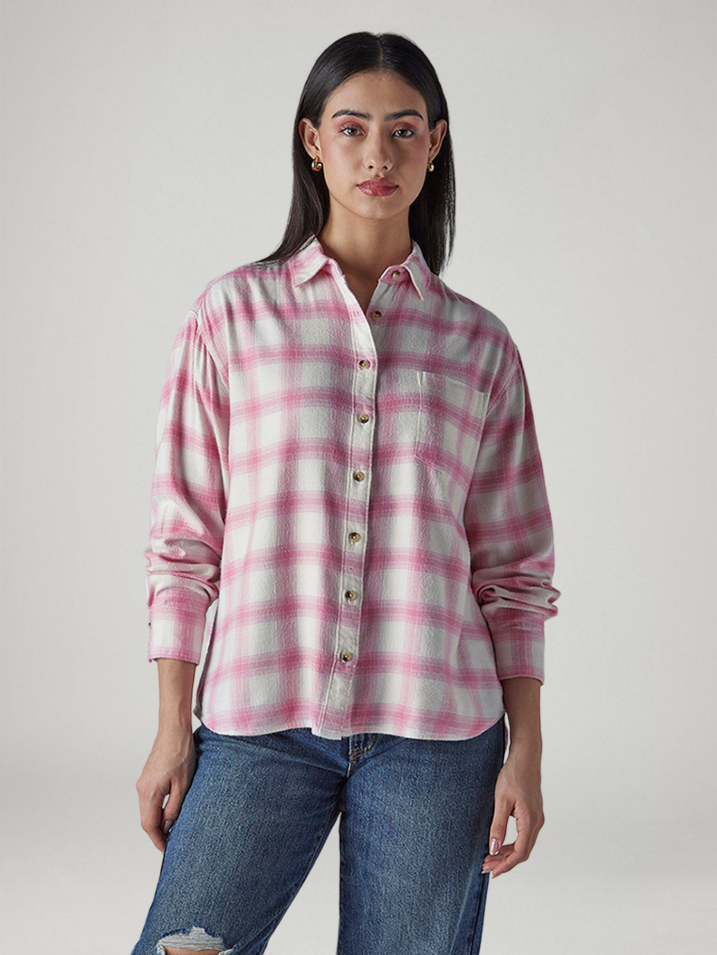 Women's Checkered Pink Relaxed Fit Shirt - Front View