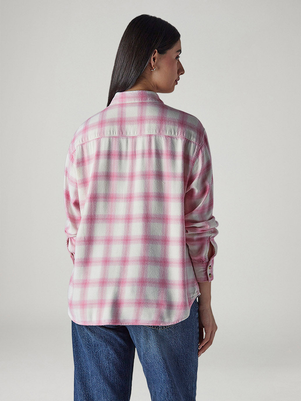 Women's Checkered Pink Relaxed Fit Shirt - Back View