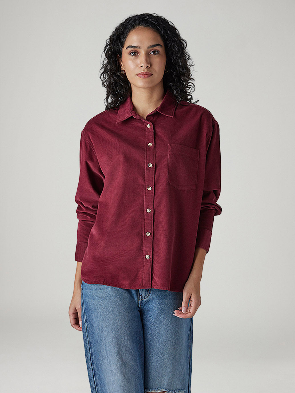 Women's Solid Relaxed Fit Corduroy Shirt - Front View