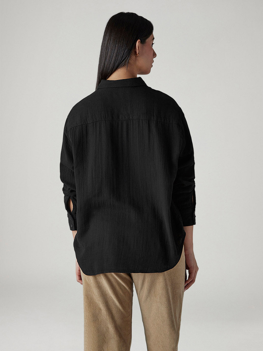 Women's Solid Relaxed Fit Double Cloth Shirt - Back View