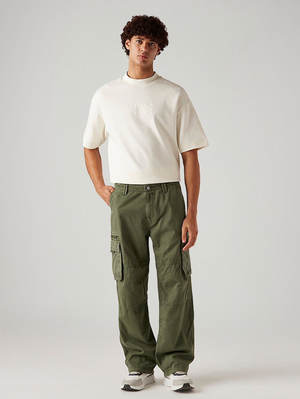 Men's Olive Baggy Fit Mid Rise Cargo Trousers - Front View