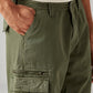 Men's Olive Baggy Fit Mid Rise Cargo Trousers - Detail View