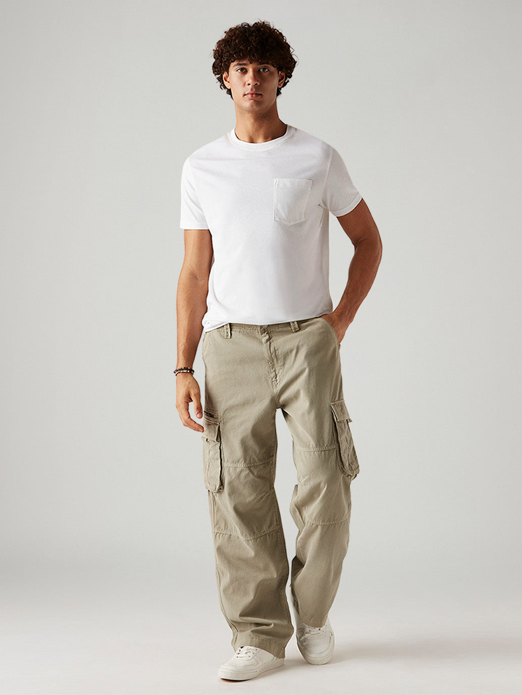 Men's Beige Baggy Fit Mid Rise Cargos - Styleshot View