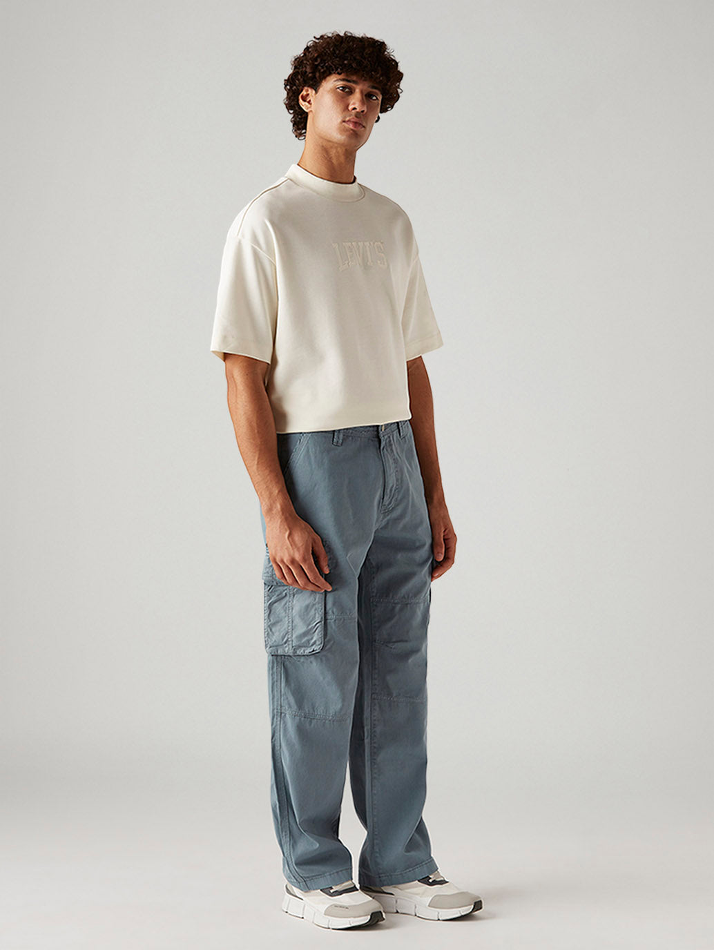 Men's Blue Baggy Fit Mid Rise Cargos - Side View