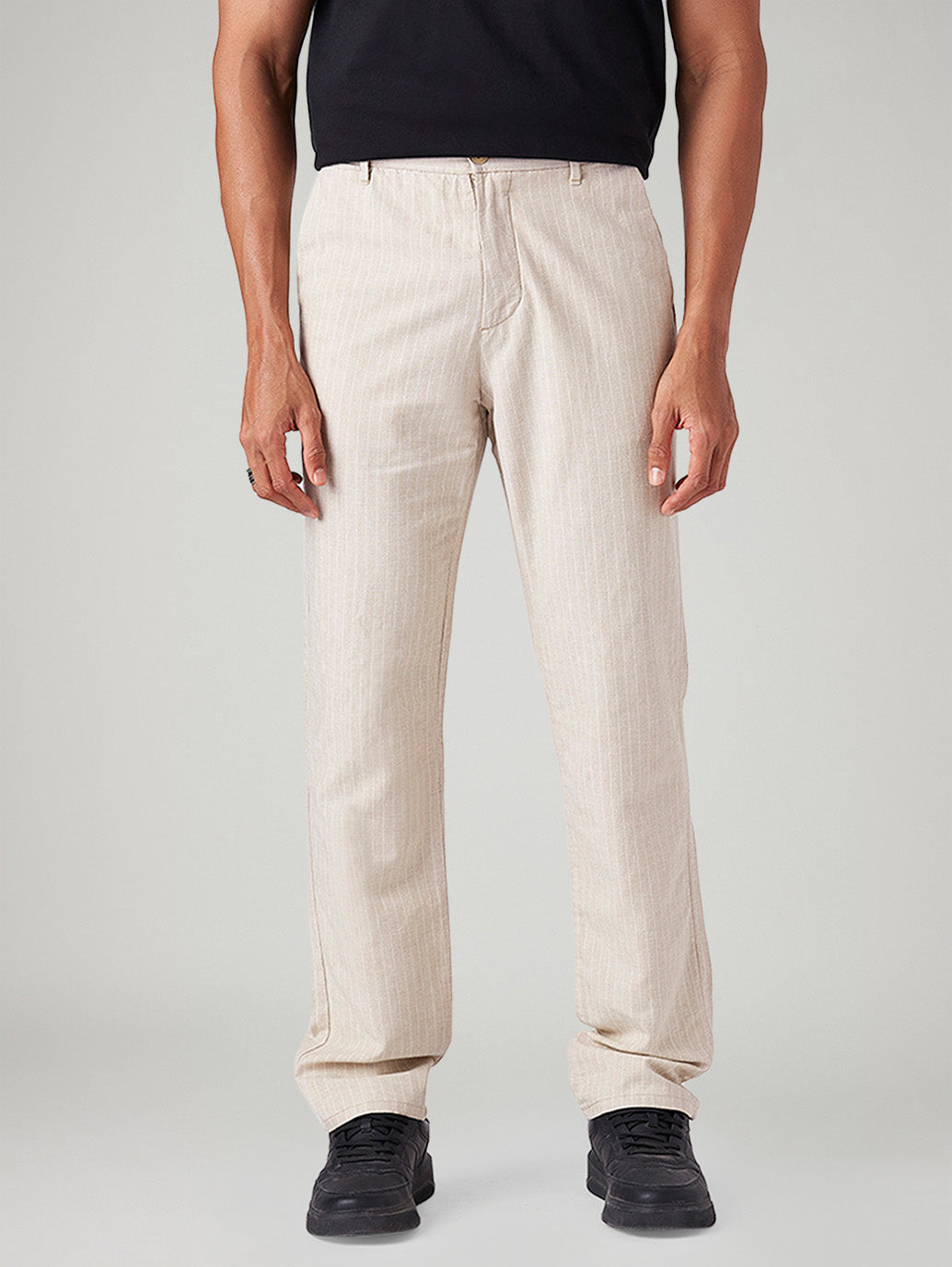 Men's Cream Authentic Relaxed Fit Mid Rise Linen Chinos - Front View