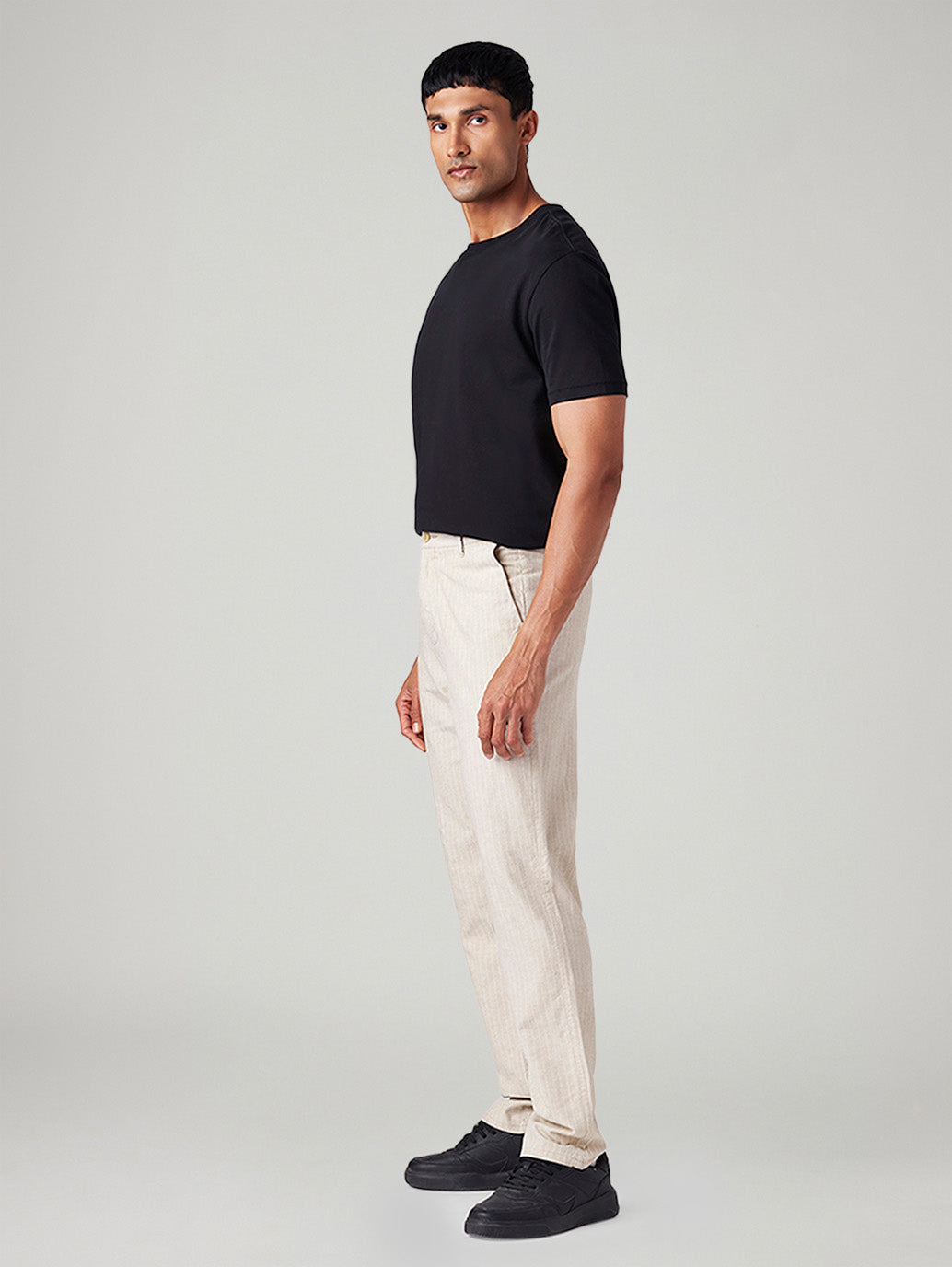 Men's Cream Authentic Relaxed Fit Mid Rise Linen Chinos - Side View