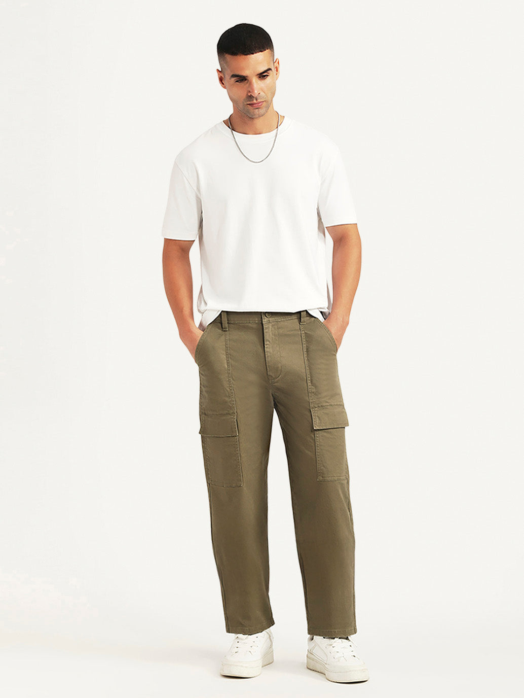Men's Olive Straight Fit Mid Rise Commuter Cargos - Styleshot View